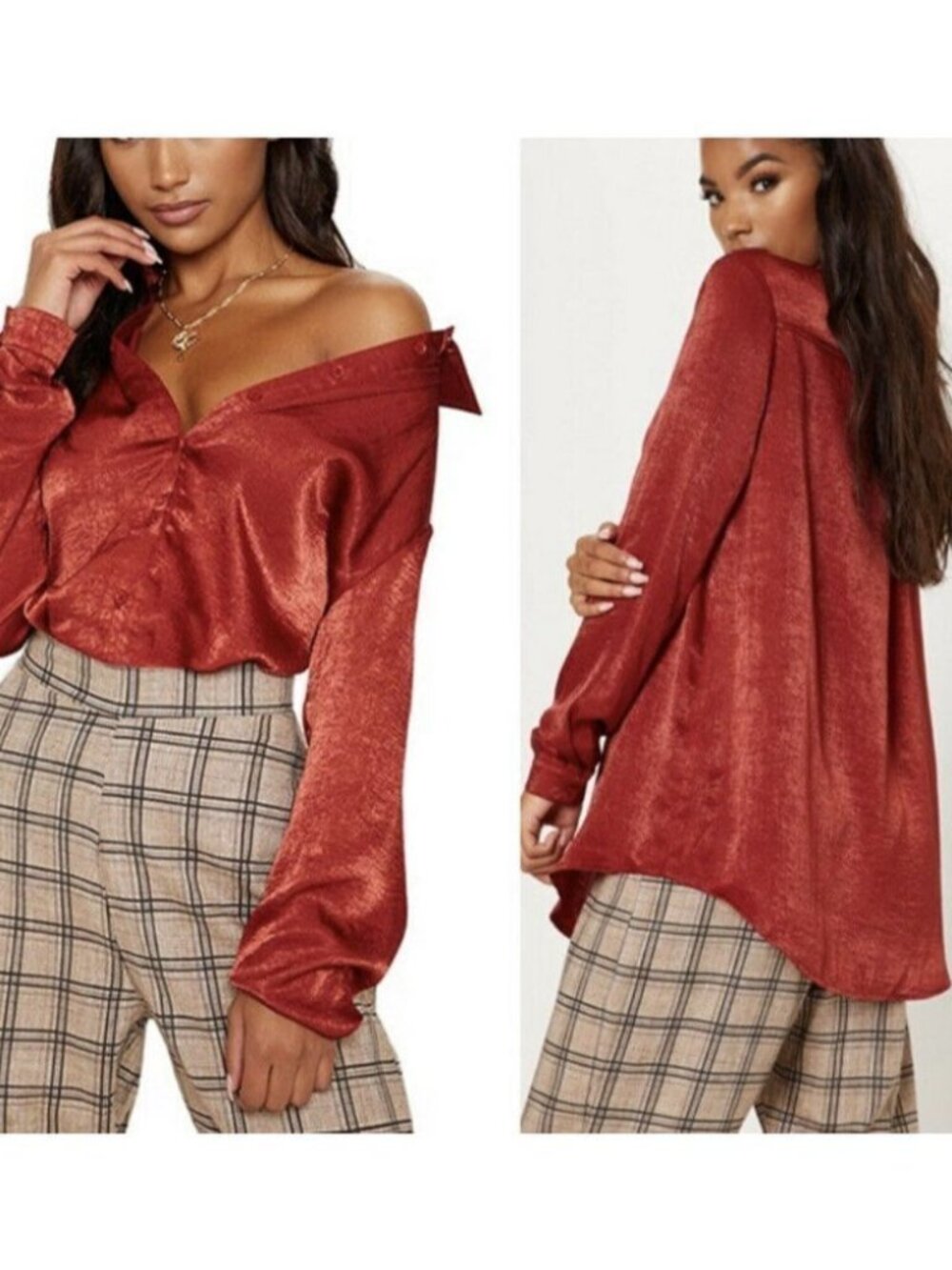 NEW PrettyLittleThing Satin burnt orange blouse tunic top XSMALL long sleeve